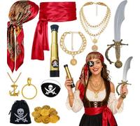 11 Pcs Pirate Costume Accessories for Women, Pirate Role Play Outfit Supply | Including Pirate Headscarf, Necklace, Sash Belt, Earring, Eyepatch, Telescope, Bracelet, Sword, Gold Coins and Money Bag