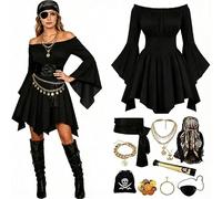 11 Pcs Pirate Costume Women Plus Size Off Shoulder Bell Sleeve Medieval Dress with Corset Belt Halloween Cosplay Carnival Gothic Victorian Steampunk Renaissance Roleplay