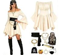 11 Pcs Pirate Costume Women Plus Size Off Shoulder Bell Sleeve Medieval Dress with Corset Belt Halloween Cosplay Carnival Gothic Victorian Steampunk Renaissance Roleplay