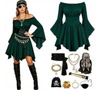 11 Pcs Pirate Costume Women Plus Size Off Shoulder Bell Sleeve Medieval Dress with Corset Belt Halloween Cosplay Carnival Gothic Victorian Steampunk Renaissance Roleplay