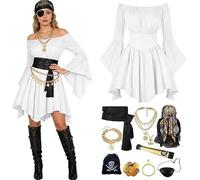 11 Pcs Pirate Costume Women Plus Size Off Shoulder Bell Sleeve Medieval Dress with Corset Belt Halloween Cosplay Carnival Gothic Victorian Steampunk Renaissance Roleplay