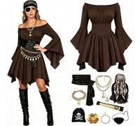 11 Pcs Pirate Costume Women Plus Size Off Shoulder Bell Sleeve Medieval Dress with Corset Belt Halloween Cosplay Carnival Gothic Victorian Steampunk Renaissance Roleplay