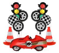 11 PCS Race Car Balloons Set with Large Red Car Traffic Cones and Traffic Light Foil Balloon for Boys Two Fast Racing Cars Themed Birthday Party Decorations