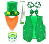 11 pcs St Patricks Day Accessories Include Green Leprechaun Top Hat With Ginger Beard, Green Glasses, Bow, Waistcoat, Necklace and Bracelet, St Patricks Day Outfits Irish Fancy Dress for Men Momen