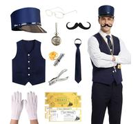 11 Pcs Train Conductor Costume Set for Adults, Conductor Hat Vest Tie Glasses Beard Pocket Watch Whistle Gloves Ticket Puncher with 2 Tickets, Christmas Holiday Party Dress Up Accessories Blue