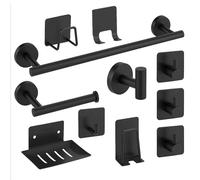 11-Piece Bathroom Accessory Set - Stainless Steel Towel Rack and Toilet Paper Holder with Adhesive Hooks, Towel Hooks, and Wall-Mounted Bathroom Hardware (Black)