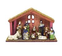 11 Piece Ceramic Nativity with Wooden Stable by Gisela