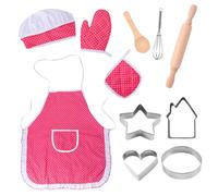 11-Piece Children's Cooking Apron Set, Cute Baking Set, Chef Toy Set, Cooking Accessories, Gift for Girls over Three Years Old (Rose Red)