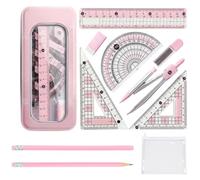 11-Piece Geometry Set, Protractor and Compass Set, Complete Mathematics Tools, Pink Ruler and Pencil Set with Transparent Pencil Bag, Basic Maths Set and Exam Stationery for Secondary School