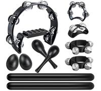 11-Piece Hand Drum Percussion Set with Half-Moon Tambourine, Pedal Tambourine, Wooden Rhythm Sticks, and Shakers for Music Lessons, Band, Performances