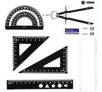 11-Piece Math Geometry Set with Storage Case and 2B Eraser, 15cm Portable Ruler Kit for Maths Exams and Secondary School Students, Black Drawing Measurement Tool