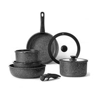 11-Piece Non-Stick Cookware Set with Frying Pans, Saucepans, Saute Pan, Oven-Safe & Dishwasher-Safe, Removable Handle, Induction & Gas Compatible (Black)
