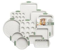 11-Piece Non-Toxic Baking Set, Stackable Nonstick Cookware, White&Green | Bakeware Set with Heat-Resistant Handles - Includes Cookie Tray, Round Cake Pan, Muffin Cups, Pizza Pan & Loaf Baker