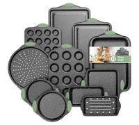 11-Piece Nonstick Bakeware Set, Stackable Baking Pans, Dark Green&Black | Oven-Safe Baking Pans with Silicone Handles - Includes Cookie Sheet, Cake Pan, Muffin Tin, Pizza Stone & Bread Loaf Pan