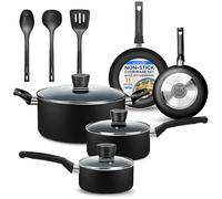 11-Piece Nonstick Kitchen Cookware Set - PTFE/PFOA/PFOS Free Heat Resistant Lacquer Kitchen Ware Pots Pan Set w/Bakelite Handles, Saucepan, Frying Pans, See-Through Lid - SereneLife SLCW11BLK (Black)