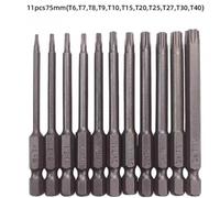 11-Piece Steel Hex Screwdriver Bit Set for Torx T6-T40, 75 mm Length, 1/4-Inch Shank, Magnetic Tips, for Precision Forged for Tight Grip and No-Slip Use