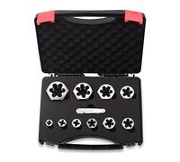 11 Piece UNC Hex Die Set 1/4" 5/16" 3/8" 7/16" 1/2" 9/16" 5/8" 3/4" 7/8" 1" Rethreading Carbon Steel Black Box with Handle