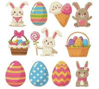 11 Pieces Easter Diamond Art Painting Keyrings Bunny Egg Sided Full Drill Diamond Pasted Painting Keychain Easter 5D DIY Spring Mosaic Stickers Key Rings Pendant Hanging Ornament Easter Decoration