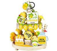 11 Pieces Lemon Peach Pumpkin Tiered Tray Decor Set Gnome Fresh Lemonade Wooden Tiered Tray Decor Peach Lemon Wood Blocks Standing Sign Decorations for Layered Pallets Summer Autumn (Lemon Style)