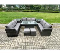 11 Seater Garden Dining Sets Outdoor Rattan Furniture Lounge Sofa Height Adjustable Rising lifting Table Fimous Dark Grey One Size