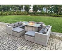 11 Seater Outdoor Garden Dining Sets Rattan Furniture Gas Fire Pit Dining Table Gas Heater with Side Table Fimous Light Grey One Size