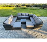 Fimous 11 Seater Rattan Outdoor Furniture Set Patio Garden Sofa Set with Square Coffee Table 3 Seater Sofa 2 Big Footstool Side Table Dark Grey Mixed