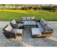 11 Seater Rattan Outdoor Garden Furniture Sofa Set Patio Table & Chairs Set with 3 Seater Sofa Rectangular Dining Table Footstool Fimous Dark Grey One Size