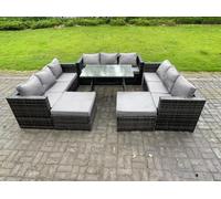 Fimous 11 Seater Wicker PE Rattan Outdoor Furniture Lounge Sofa Garden Dining Set with Dining Table 2 Big Footstools Dark Grey Mixed
