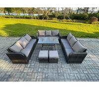 11 Seater Wicker Rattan Garden Furniture Set with Rectangular Dining Table 2 Small Footstools Patio Outdoor Lounge Sofa Set Fimous Dark Grey One Size
