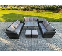Fimous 11 Seater Wicker Rattan Garden Furniture Set with Rectangular Dining Table Side Table 2 Small Footstools Patio Outdoor Lounge Sofa Set