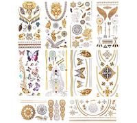 11 Sheets Metallic Gold Silver Glitter Temporary Tattoos, Waterproof Long Lasting 3D Fake Tattoo Stickers, Party Favors for Adult (Butterfly Elephant Animal Flower Cross)
