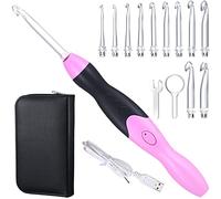 11 Sizes Lighted Crochet Hooks Set Rechargeable Crochet Hook Light Up Crochet Hooks with Case, Interchangeable Heads 2.5 mm to 8 mm for DIY Craft Supplies (Pink-Black)