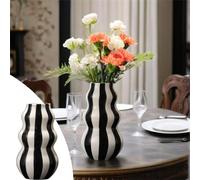 11" Tall Ceramic Striped Vase - Hand Painted Cabana Stripes Centerpieces for Flowers & Home for Dining Table, Entryway Console, or Book Shelf Cups for Kitchen Set (Black, 23x12cm)