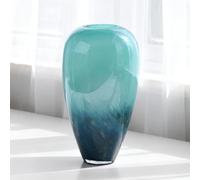 11" Tall Teal Glass Vase for Flowers, Hand Blown Gradient Decorative Vase for Home Decor, Centerpiece, Dining Table, Shelf, Mantel, Bathroom, Entryway, Countertop, Gift for Friends