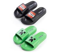 Minecraft Creeper & TNT Sliders in Green and Black | Boys' Casual Footwear | 2 Pack Sliders Featuring Creeper Face and TNT Game Element Merch - 11 UK Child