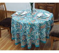 110 Inches Round Hand Block Printed Cotton Tablecloth, Blue White Floral Table Cloths Washable, Indian Table Linen For Dinning Home Decor Autumn Outdoor Thanksgiving Valentine Gifts 8 Seater