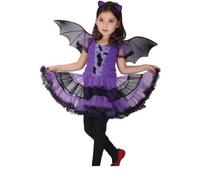 (110) Kids Girl Halloween Net Yarn Dress Bat Wing Headwear The Witch Three-piece Set