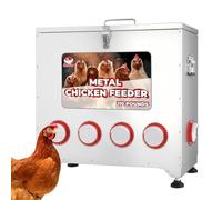 110 lbs 10 Port Galvanized Chicken Feeder with Adjustable Height,Locking Lid&Riveted Handles,Large Capacity Rainproof Automatic Chicken Feeders,No Waste Poultry Feeder for Chicken Coops(Silver)