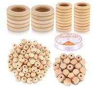 110 Pcs Macrame Wooden Beads and Rings Set, Including 30 Pcs 35mm/50mm Macrame Wooden Rings Circles for Crafts, 60 Pcs Wooden Balls with Hole, 20 Pcs Wooden Octagonal Beads, 1 x 0.6mm Elastic Thread