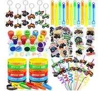 110 PCS Monster Truck Party Favors Birthday Supplies with Drinking Straws, Silicone Bracelets, Bubble Wands, Keychains, and Monster Truck Pinata for Boys Goodie Bag Stuffers