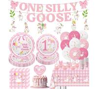 110 PCS One Silly Goose Birthday Decor Girl Tableware Set, includes Banner, Hanging Swirls, Plates, Cups, Napkins, Tablecloth, Cake Topper, Balloons for One Silly Goose Theme Party Serves 20 Guests