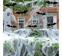 1100 Sqft Halloween Decorative Spider Web - Halloween Spider Web Decoration - with 60 Pieces Plastic Spiders, 12 Pieces Bats - White Spider Webs for Outdoor Indoor Garden, Dining Table, Door, Ceiling