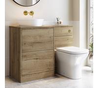 1100mm Wood Effect Left Hand Toilet and Sink Unit with Triangular Basin and Brushed Brass Push Button- Palma