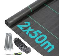 Harbour Housewares 110gsm Weed Control Membrane 2m x 50m Coverage (5 Rolls) with Pegs & Plates - Heavy Duty Weed Control Fabric Barrier Ground Cover for Garden, Patios, Flower Beds, Landscaping