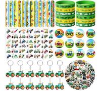 110Pcs Tractor Party Favors for Kids - Farm Birthday Party Decorations and Supplies with Slap Bracelets, Tattoos, Stickers, Keychains & Buttons, Tractor Goodie Bag Fillers for Boys
