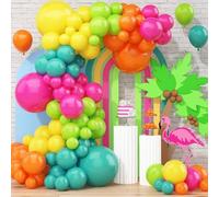 110pcs Tropical Hawaiian Balloons Arch Garland Kit Luau Party Decorations Hot Pink Orange Teal Green Yellow Blue Balloons For Tropical Birthday Baby Shower Luau Pool Beach Summer Party Decorations
