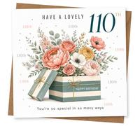 110th Birthday Card for Her, Floral Gift Box | 110th birthday blooms bursting from a striped gift box, with “Happy Birthday” and “You’re so special in so many ways”.