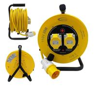 110V Cable Reel 25m Extension Lead Reel 16 Amp 2 Gang Sockets and Plug, IP44 Rated, Heavy Duty 2.5mm Cable with Thermal Cutout Carry Handle and Power Indicator Light