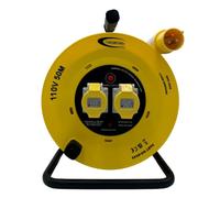 110V Cable Reel - 50m Heavy Duty Extension Lead - 1.5mm Extension Cable, 2X 16A Sockets, Thermal Cut Out, IP44 Plug, Power Indicator, Carry Handle - Power Tool for Industrial & Construction Site Use