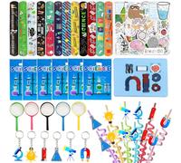 111 Pcs Science Party Favour Set with Slap Bracelets Keyrings Stickers Magnets Gift Bags and Magnifiers for Lab-Themed Decorations and Celebration Giveaways
